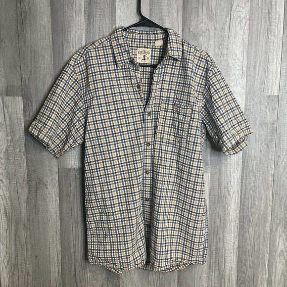 RED HEAD Men's Button Shirt Large Blue/Tan Check Short Sleeve Casual - Picture 1 of 8